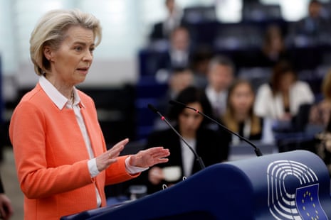 President of the European Commission Ursula von der Leyen delivers her speech in Strasbourg.