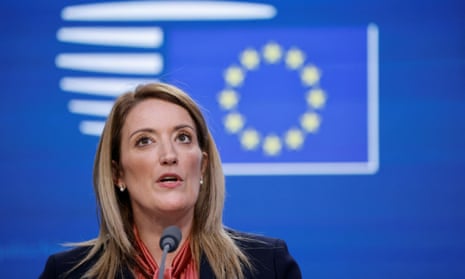 Roberta Metsola attends a news conference on the day of a European Union leaders' summit in Brussels.