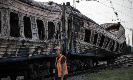 A Ukrainian railway station damaged by a Russian missile strike in Chaplyne in the Dnipropetrovsk region.