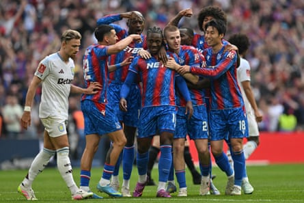 Eberechi Eze is mobbed by his teammates after his goal against Aston Villa in the FA Cup semi-final.