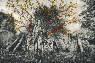 woman in traditional dress, rural background and embroidered tree