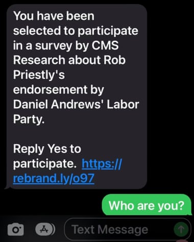 A screen shot of a text message claiming independent candidate Rob Priestly is endorsed by the Victorian Labor party