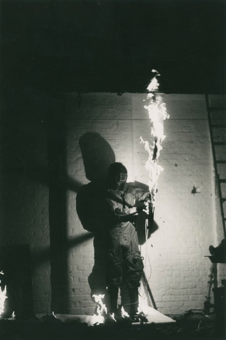 Performance with arc welder by Stephen Cripps at his studio at Butler’s Wharf, 1975 – 1979