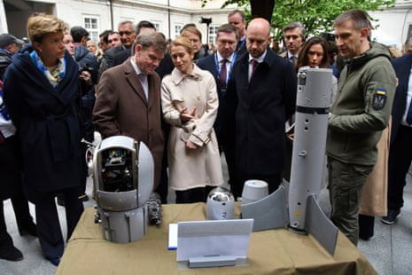 From left Latvian foreign minister Baiba Braze, German foreign minister Johann Wadephul, High Representative of the European Union for Foreign Affairs and Security Policy Kaja Kallas and French foreign minister Jean-Noel Barrot look at fragments of Russian rocket during UA-EU foreign Minister’s meeting in Lviv, Ukraine.