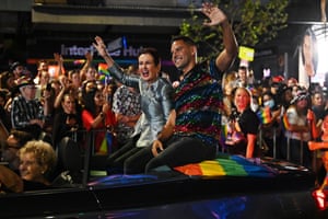 Sydney mayor Clover Moore and MP Alex Greenwich take part in the 45th annual Gay and Lesbian Mardi Gras parade