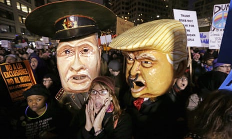 Effigies of Vladimir Putin and Donald Trump at rally in Seattle.
