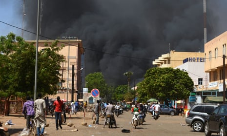 Black smoke rising during multiple terrorist attacks on the capital of Burkina Faso in March 2018.