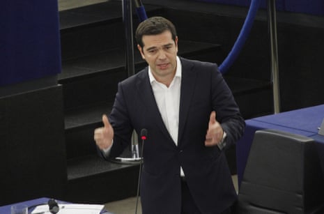 Greek Prime Minister Alexis Tsipras gestures as he speaks in the plenary hall at the European Parliament on July 8, 2015 in Strasbourg, France.