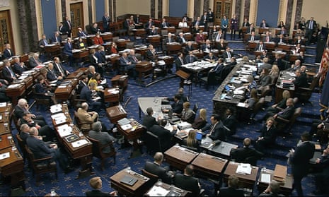 In this image from video, senators vote on approving the rules for the impeachment trial.