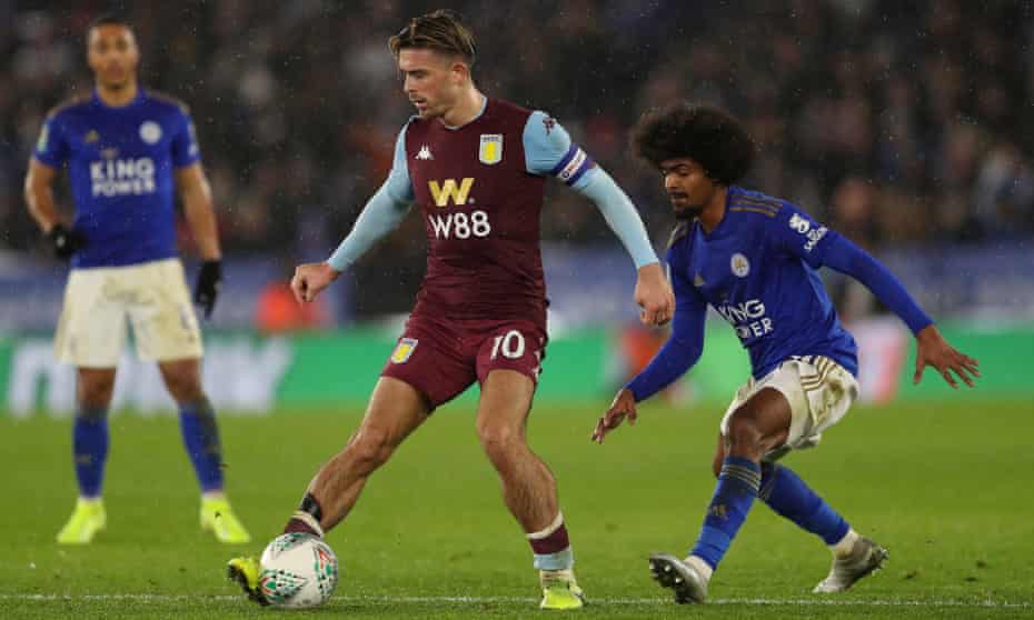 Jack Grealish holds off Leicester’s Hamza Choudhury during Aston Villa’s Carabao Cup semi-final, first leg at the King Power Stadium.