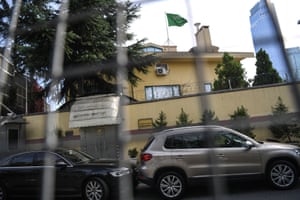 Saudi Arabia flags flying at the top of the consulate building in Istanbul as diplomatic vehicles are expected on November 1