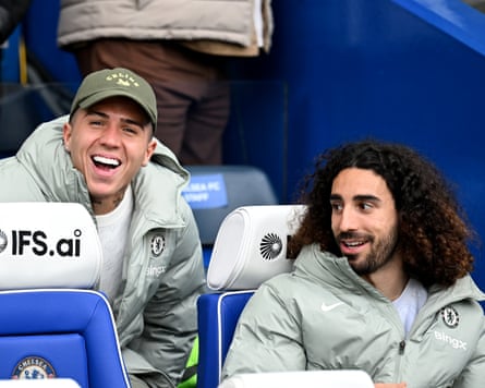 Enzo Fernández and Marc Cucurella stock a joke while watching from nan chair arsenic their Chelsea squad hit Port Vale 7-0 successful their FA Cup quarter-final game.