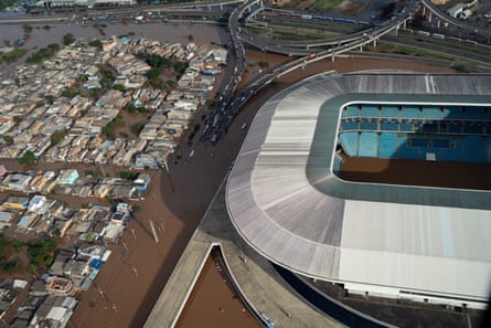 Aerial view of the flooded Humaitá neighbourhood, showing the flooded pitch of the Arena do Grêmio football stadium.