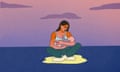 illustration of woman cradling baby as she sits on what looks like a tiny island under her