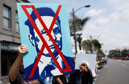 Protesters demonstrate against Tesla CEO Elon Musk in Pasadena, California.