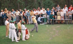 Jack Nicklaus tees off on the 16th tee during play off with Gay Brewer, Jr. and Tommy Jacobs looking on