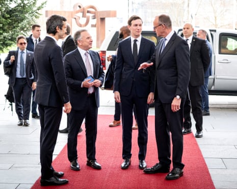 German chancellor Friedrich Merz welcomes US negotiator Jared Kushner and US special envoy Steve Witkoff at the Chancellery for talks with Ukrainian president Volodymyr Zelenskyy.