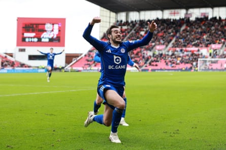 Harry Winks celebrates in front of Leicester’s fans after putting his side 2-1 in front at Stoke
