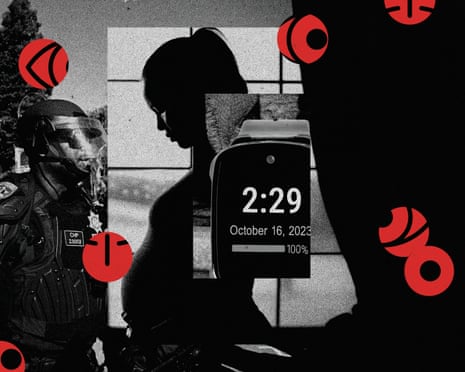 Black-and-white graphic illustration with red touches, of pregnant woman and image of smartwatch.