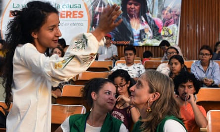 Berta Zuniga Cáceres, left, daughter of slain indigenous environmental activist Berta Cáceres, attends an event at Honduras’ National Autonomous University, in Tegucigalpa, on 22 November.