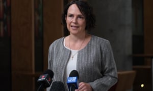 Victoria’s innovation minister Jaala Pulford speaks to the media on Saturday.