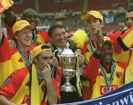 Graham Taylor with Watford players after winning the Nationwide League Division One play-off final against Bolton in 1999.