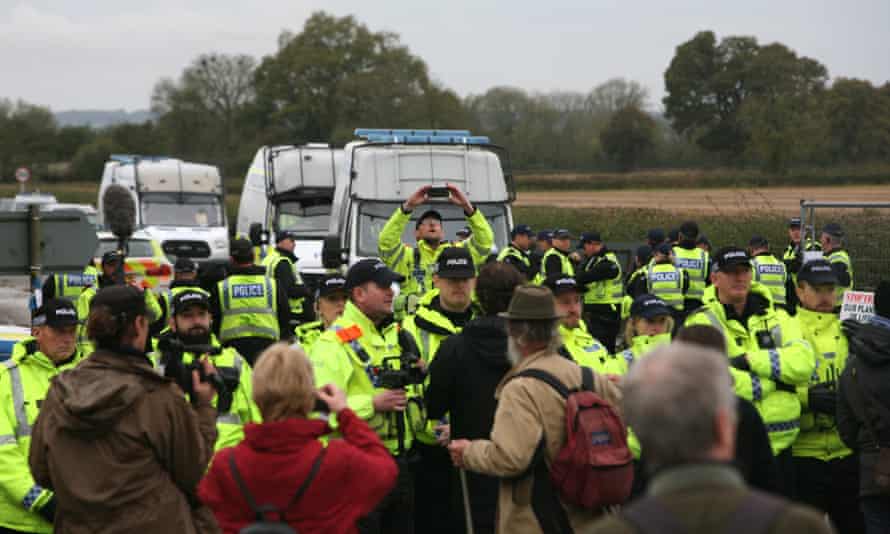 Police line the road to the Third Energy Fracking Site.