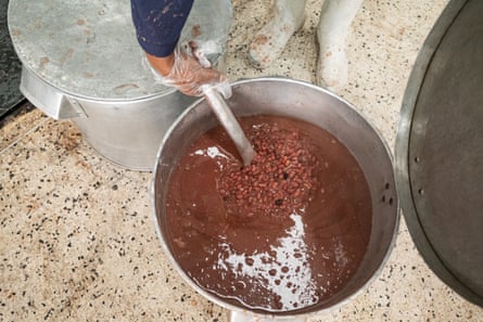 A chef pulls a ladle of bean stew from a large catering saucepan.
