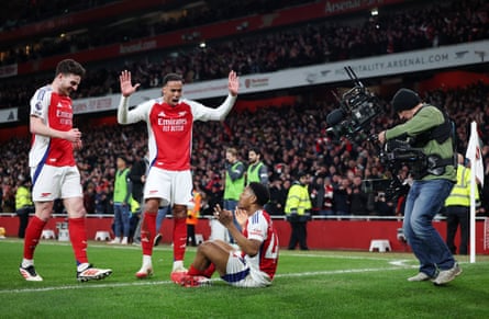 Myles Lewis-Skelly celebrates Arsenal’s third against Manchester City in February.