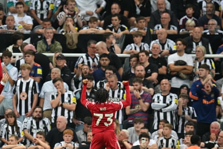 Liverpool teenager Rio Ngumoha celebrates his dramatic winner at Newcastle.