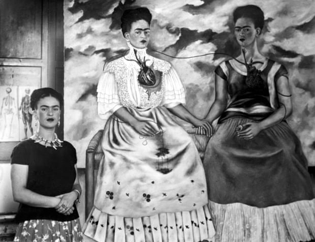 Artist Frida Kahlo with her painting Me Twice