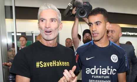 Craig Foster with Hakeem al-Araibi upon his arrival at Melbourne airport