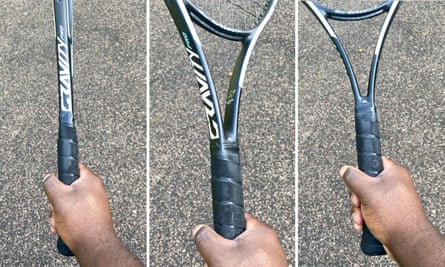 Three images of holding the thinner side up of a tennis racket to show eastern grip, holding the racket at an angle to show semi-western grip, and by the wider side up to show a western grip