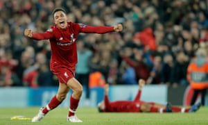Trent Alexander-Arnold celebrates Liverpool’s win over Barcelona, which was sealed by his quick corner.