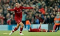 Trent Alexander-Arnold celebrates Liverpool’s stunning 4-0 victory over Barcelona in May 2019.