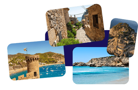 Arka planda ana plaj Platja Gran'ın görüldüğü Tossa de Mar şehir surları. Tossa de Mar, İspanya. İbiza Adası'ndaki Cala Tarida plajı, İspanya.
