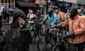 Delivery workers ride bikes and motorbikes through the streets of Dublin calling for more safety at work in the face of a history of violence committed by local teenagers in Ireland against riders, such as the recent case of Bolivian riders attacked in Temple Ba
