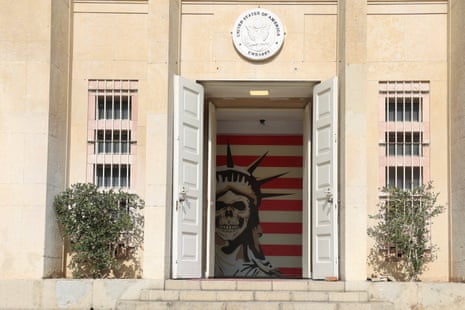 An anti-U.S. banner at the entrance of the former United States Embassy in Tehran, Iran, February 5, 2026.
