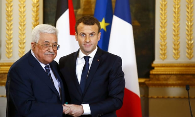 The Palestinian president, Mahmoud Abbas, meets his French counterpart, Emmanuel Macron, at the Elysee Palace in Paris, on Friday.