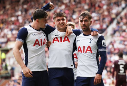 Mikey Moore (centre) celebrates with teammates after he scoring Tottenham Hotspur’s second goal during the pre-season friendly against Heart of Midlothian.