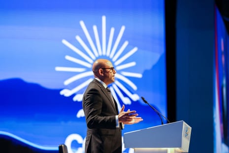 The UN Executive Secretary of Framework Convention on Climate Change Simon Stiell speaks at the closing plenary.