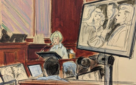 court sketch of E Jean Carroll on the witness stand with a photo of Donald Trump and her in the 1980s.