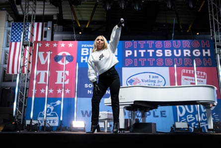 Lady Gaga performs at a drive-in campaign rally for Joe Biden in Pittsburgh, Pennsylvania.