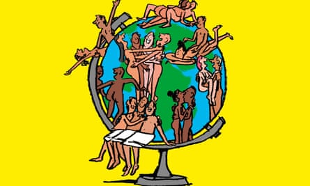 Illustration of lots of naked people on a globe