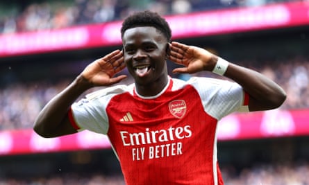 Arsenal’s Bukayo Saka celebrates scoring his team’s second goal in the north London derby against Tottenham Hotspur.