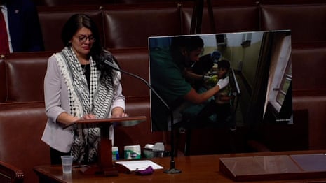Israel-Gaza violence: Rashida Tlaib tearful as she addresses US Congress – video