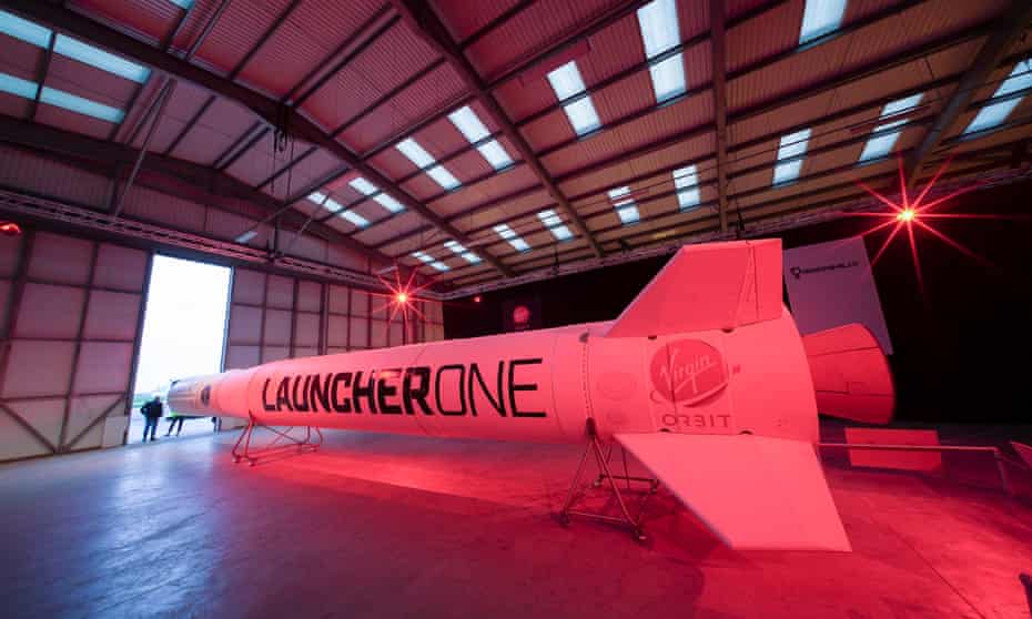 The Virgin Orbit Launcher One rocket in its hanger at Newquay airport in August. Spaceport Cornwall is aiming to launch its first satellites in spring of 2022. 