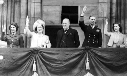Princess Elizabeth, far left, with Queen Elizabeth, the prime minister, Winston Churchill, King George VI and Princess Margaret on the balcony of Buckingham Palace on VE Day, 1945.