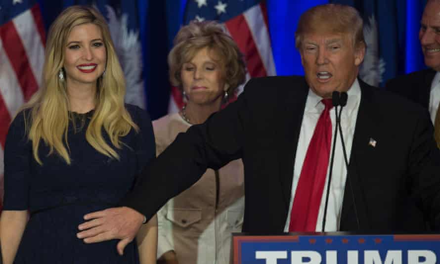 Donald Trump patting his expecting daughter Ivanka Trump while celebrating victory in the South Carolina primary in Spartanburg, South Carolina.