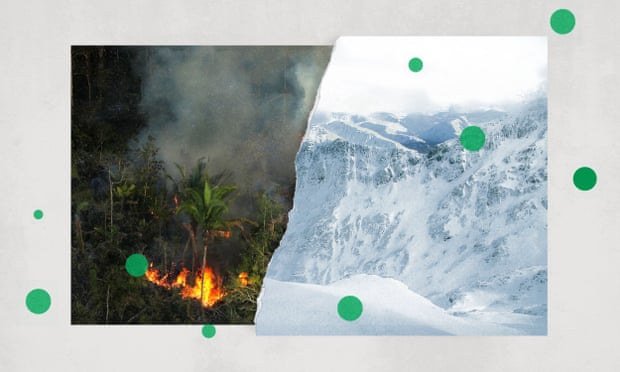 Composite of the rainforest on fire and icy mountains
